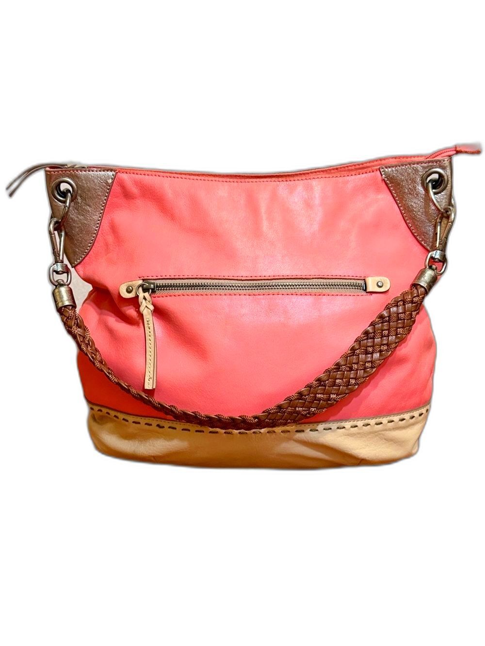 The Sak Large Indio Coral Leather Hobo Bag – Woven Strap, Boho Chic 16” x 12”